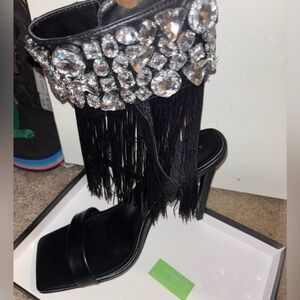 Black Crystal Fringe Ankle-Strap High Heel Sandals